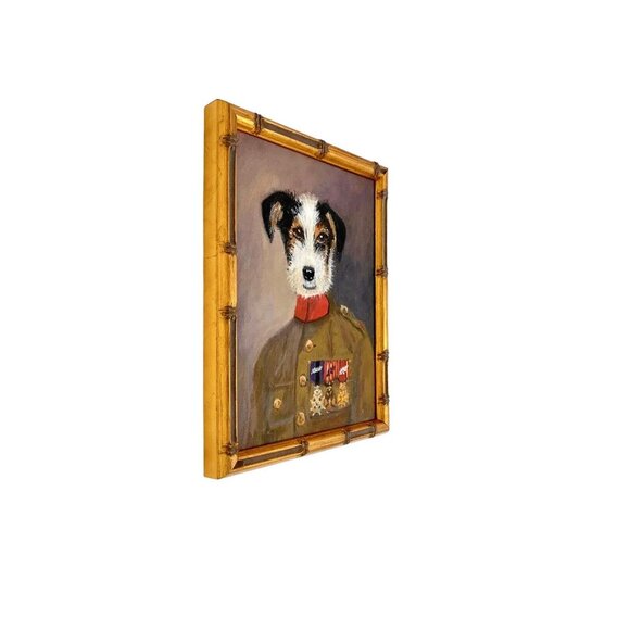 Dog Portrait Terroir in Military Uniform Painting Oil on Board in Golden Frame - Picture 3 of 5